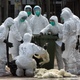 A health officer packs dead chickens at a wholesale poultry market in Hong Kong.